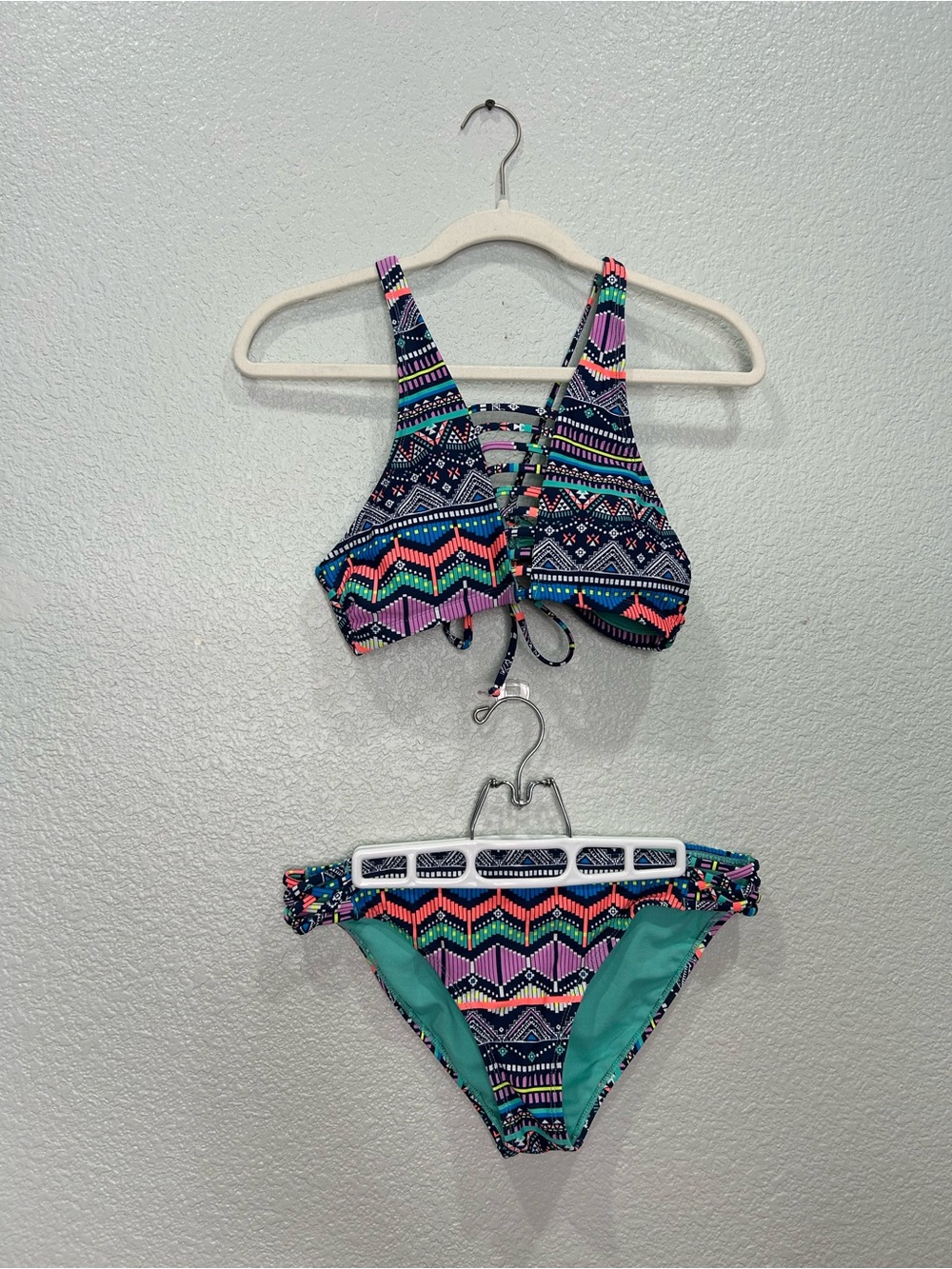 Arizona Jean Company Multicolor Aztec Faux Lace Up High Neck Bikini